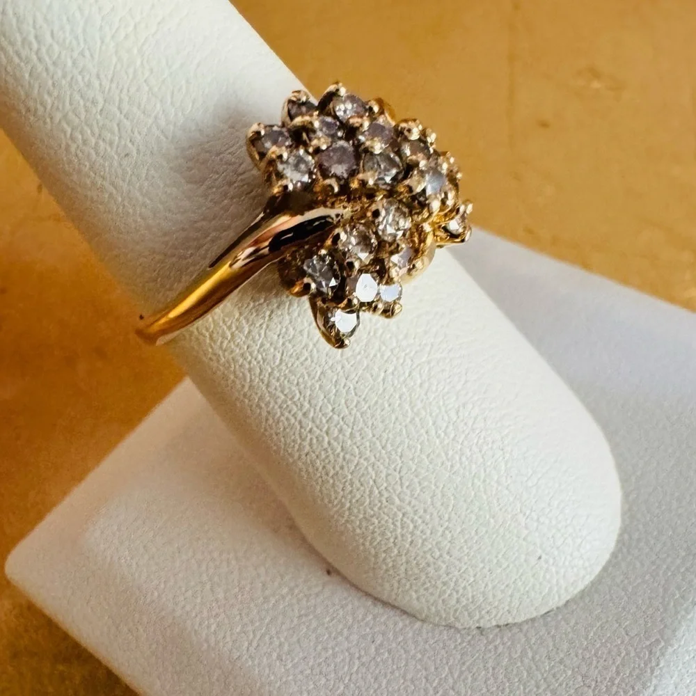 Vintage 14K Yellow Gold Floral Cluster Diamond Ring Statement Cocktail size 8